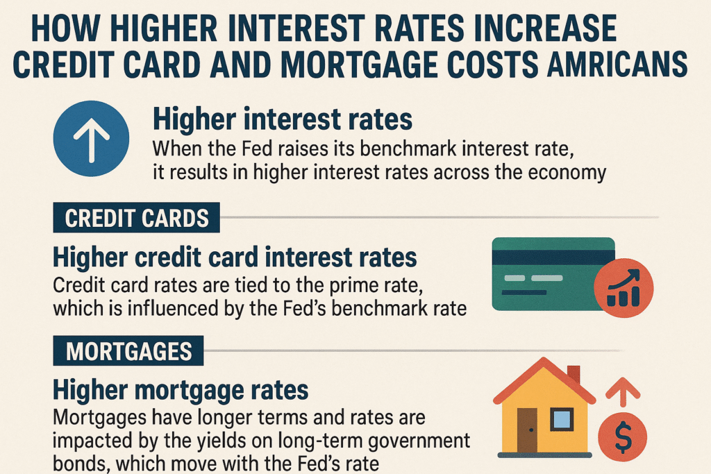 Infographic explaining how higher interest rates increase credit card and mortgage costs for Americans