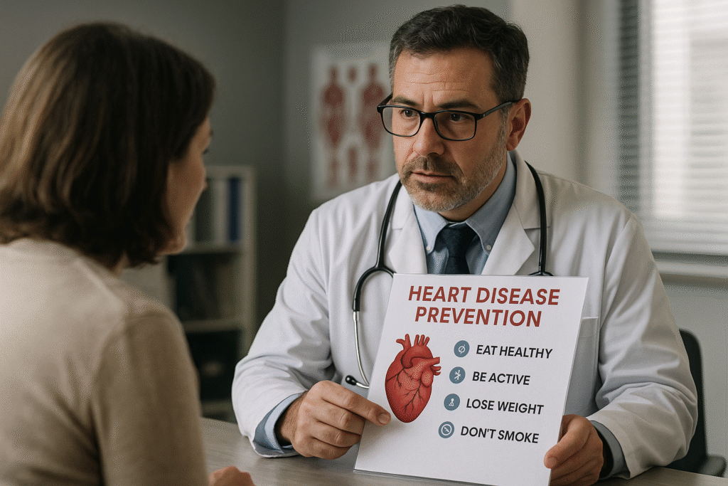 Doctor reviewing heart disease prevention chart with a patient.