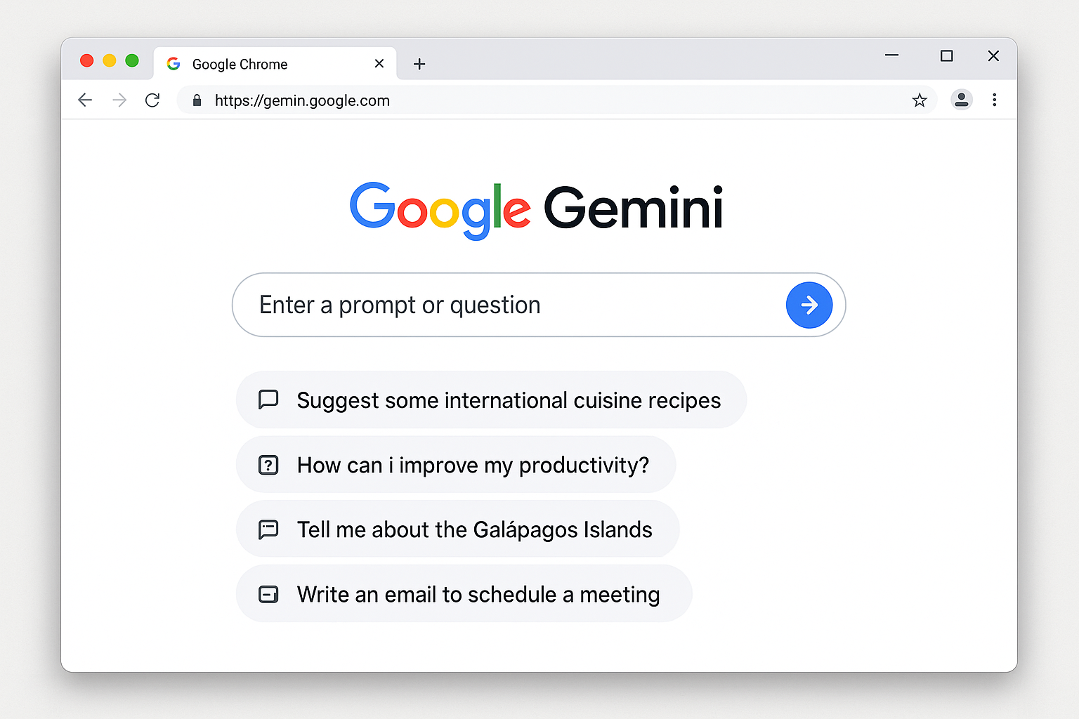 Google Gemini interface displayed inside the Chrome browser with AI suggestions.