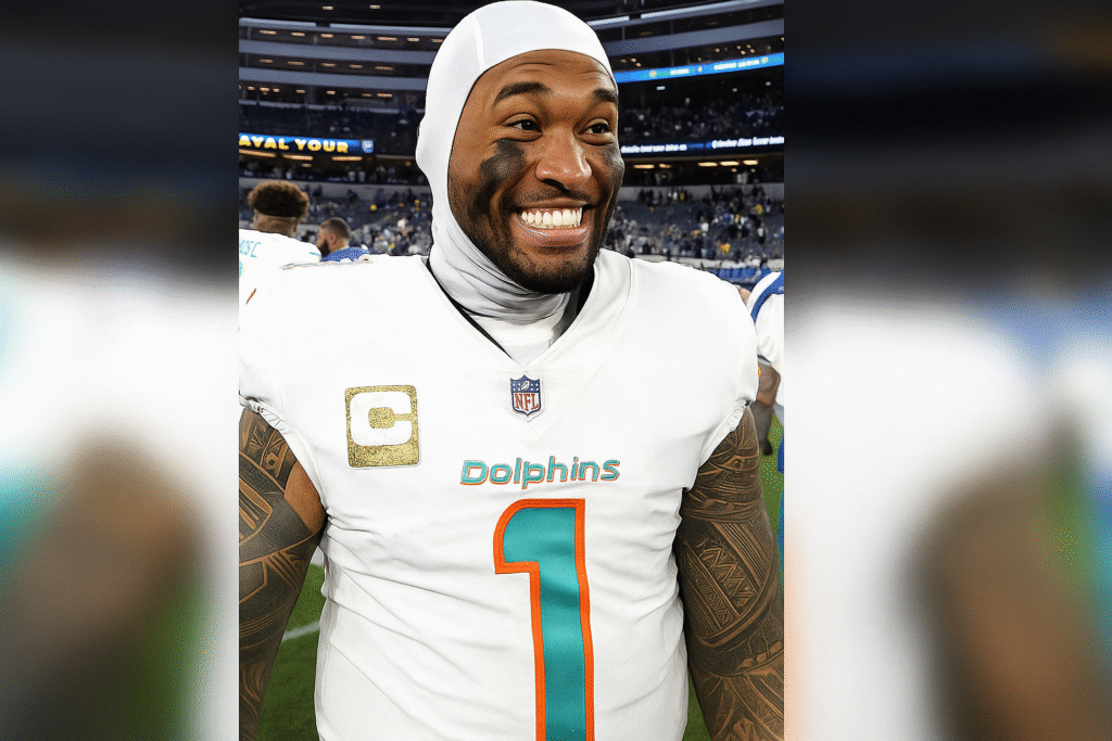 Tua Tagovailoa smiling on ground