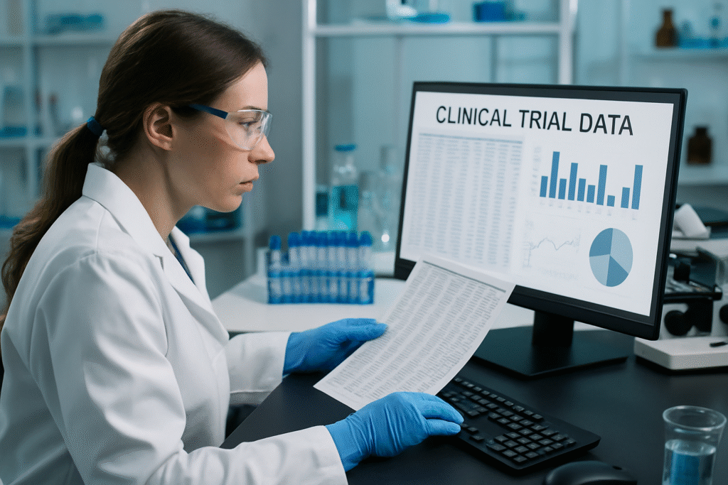 Researcher reviewing clinical trial data in a laboratory setting.