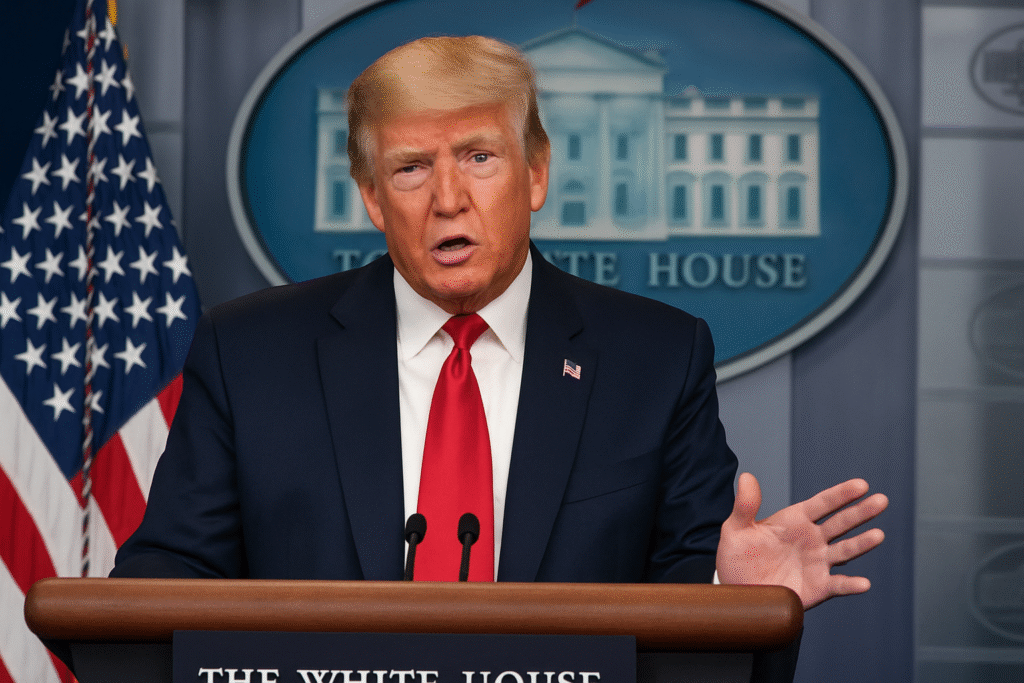 President Donald Trump speaking at the White House during a press conference in Washington, D.C.