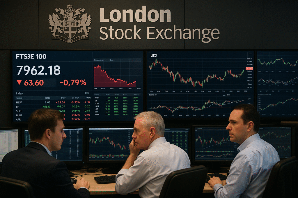 Traders monitor stock movements at the London Stock Exchange.