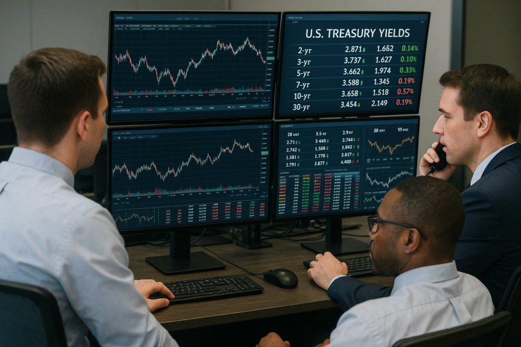 Traders monitor U.S. Treasury yield movements on a bond trading desk.