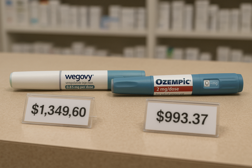 Wegovy and Ozempic injection pens on a pharmacy counter with pricing labels.