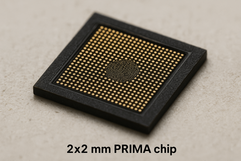 Close-up image of the 2×2 mm PRIMA chip used in clinical trials for restoring form vision.
