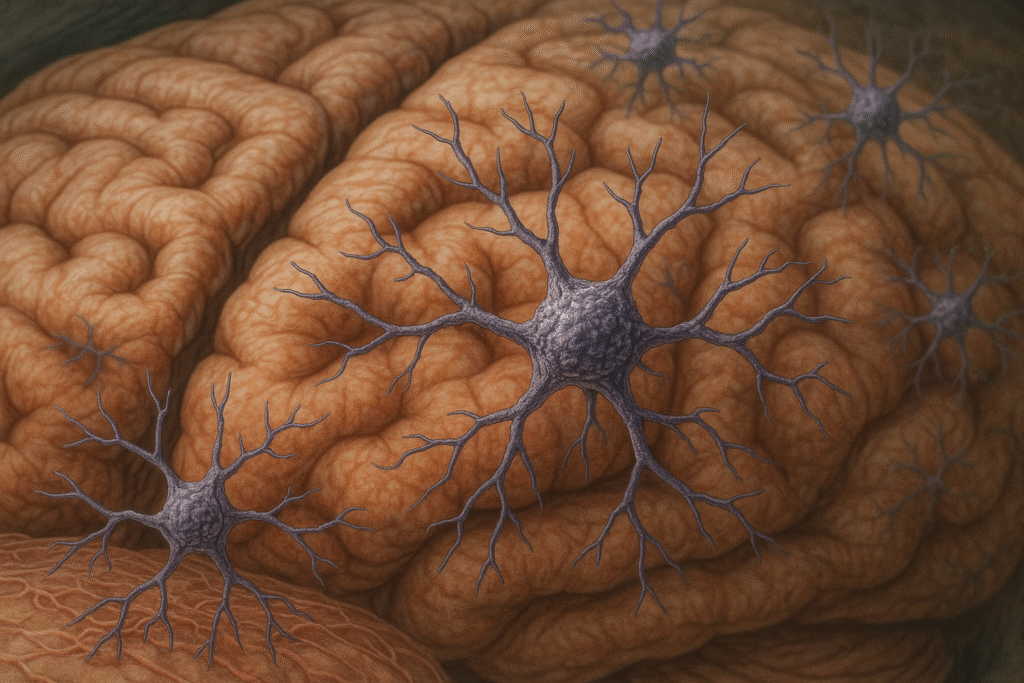 Illustration showing microglia cells in the brain acting as regulators of anxiety responses.