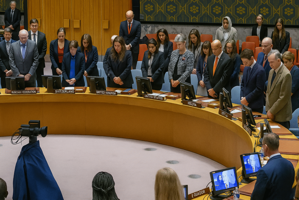 Members of the UN Security Council raise their hands during the vote on the Gaza stabilization resolution.