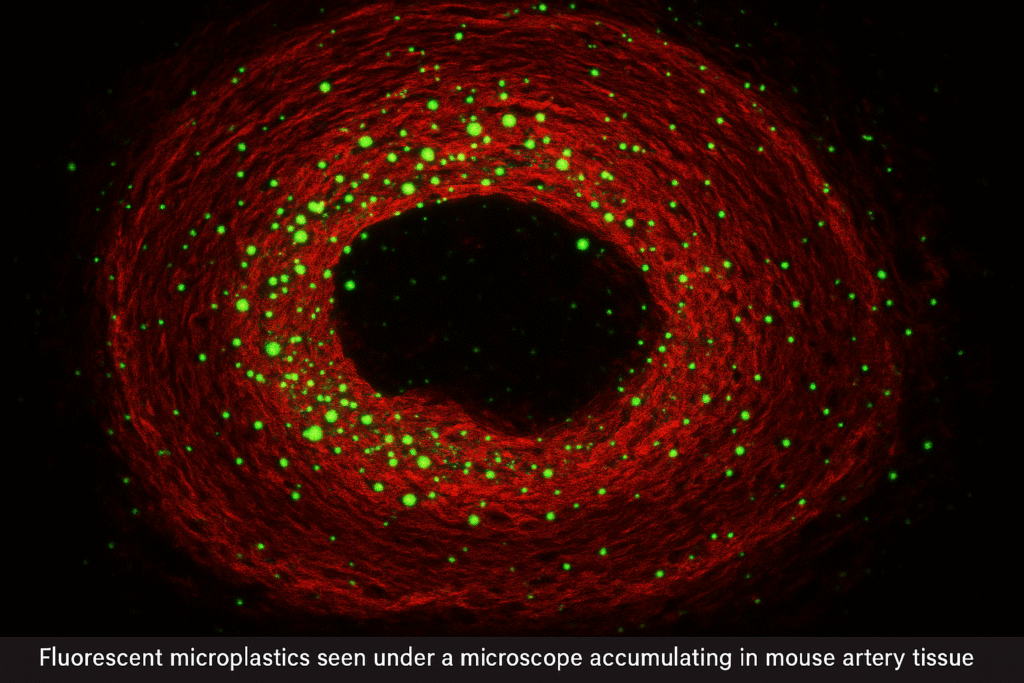 Fluorescent microplastics seen under a microscope accumulating in mouse artery tissue