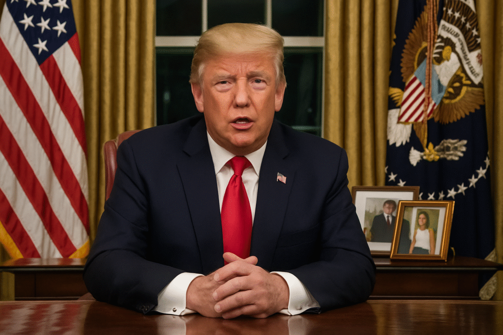 President Donald Trump speaking from the White House during a televised address.