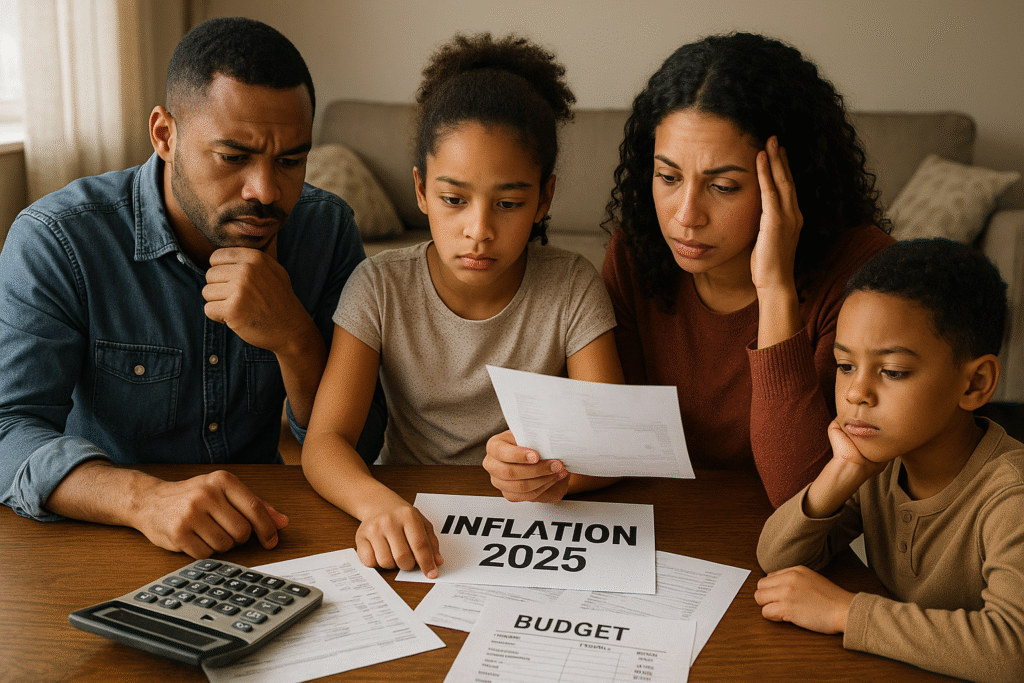 Illustration of an American family budgeting amid inflation in 2025.