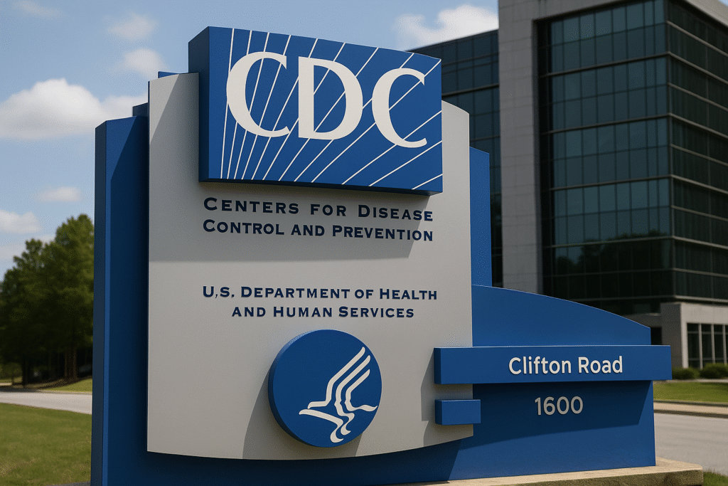 CDC headquarters sign in Atlanta, symbolizing U.S. public health authority.