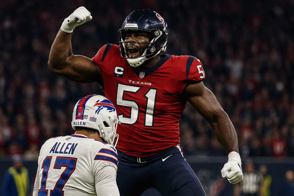 Houston Texans defensive end Will Anderson Jr. celebrates a sack on Josh Allen during Thursday Night Football.