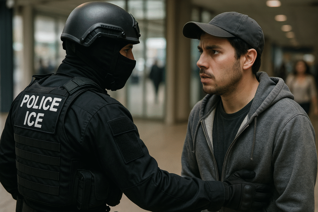 Masked individual wearing ICE-like gear confronting a civilian in a public setting.