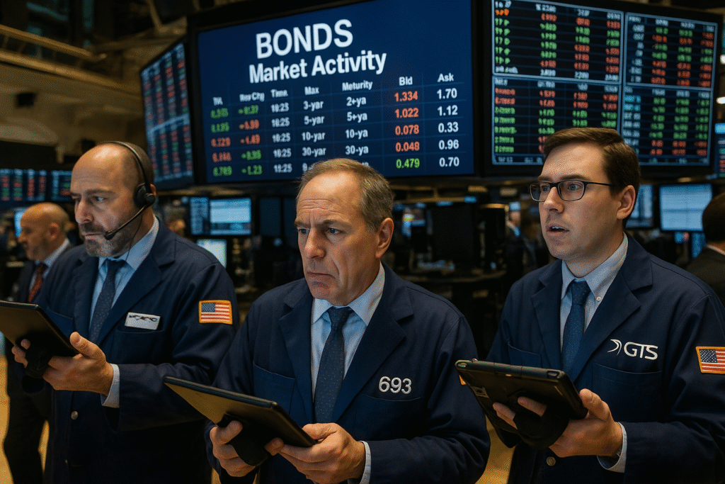 Traders monitoring bond market movements at the New York Stock Exchange trading floor.