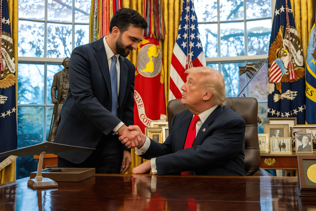 President Trump handshake with mayor-elect Zohran Mamdani during their Oval Office meeting.