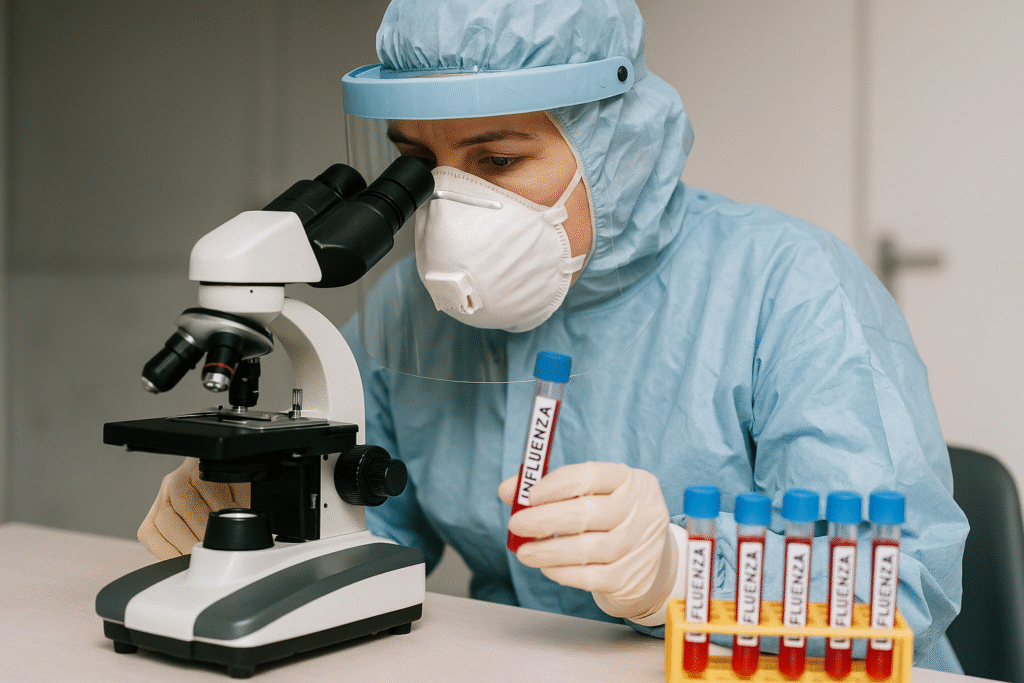 Public health laboratory worker reviewing influenza samples under protective gear.