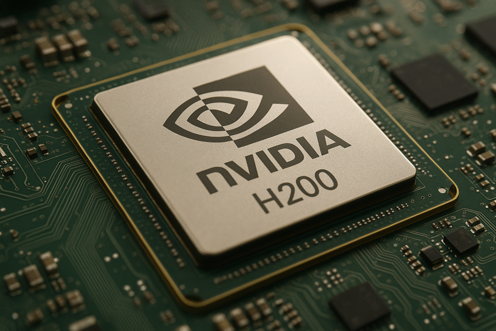 Nvidia H200 AI chip close-up image representing advanced semiconductor technology.