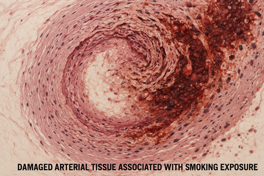 Microscopic image showing damaged arterial tissue associated with smoking exposure.