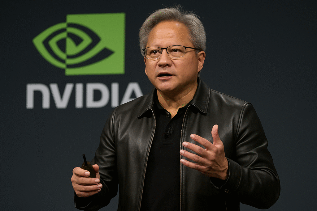 Nvidia CEO Jensen Huang speaking at a conference during the company’s latest earnings cycle.