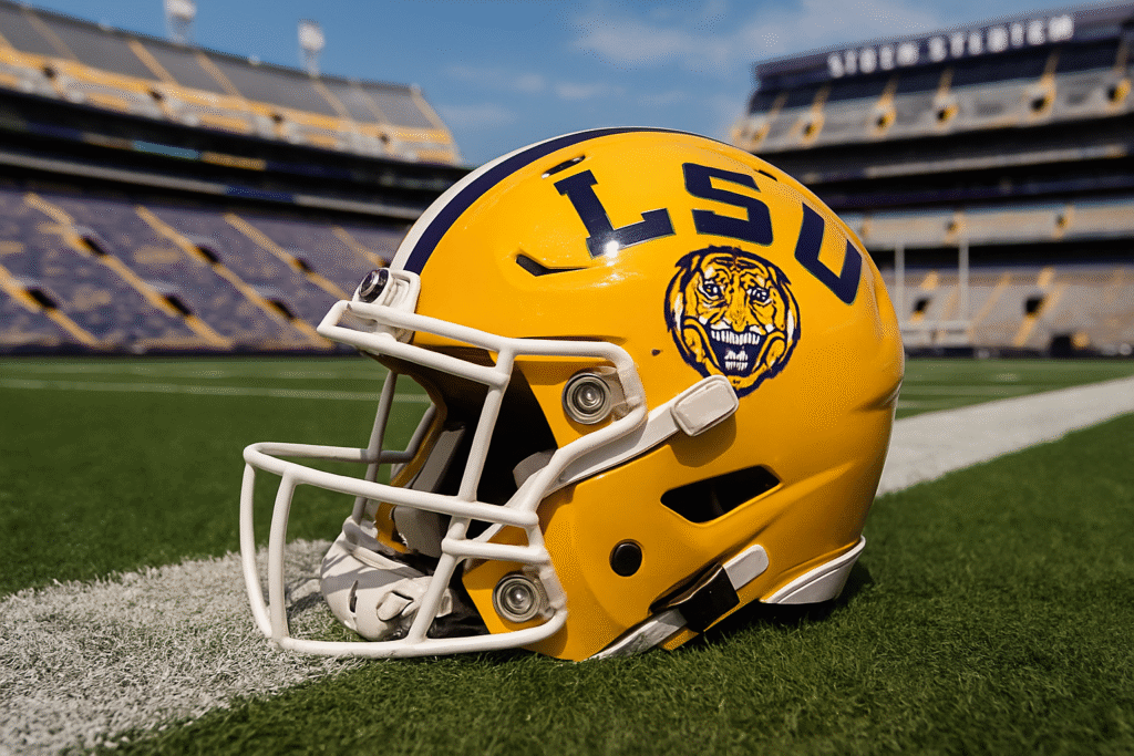 LSU Tigers football helmet on the field at Tiger Stadium