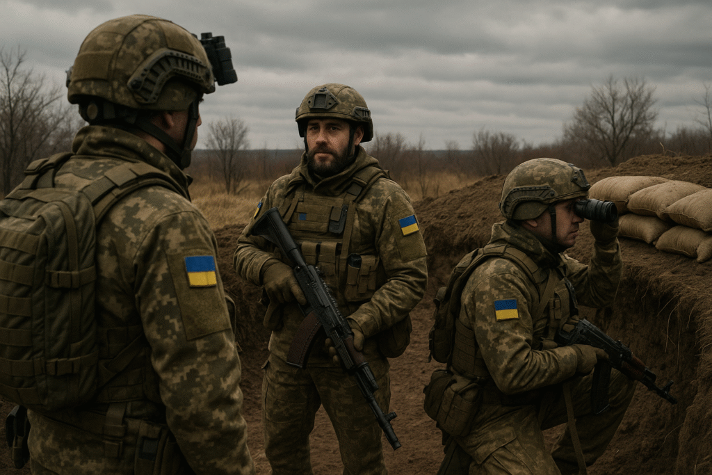 Ukrainian soldiers near defensive positions in Donetsk Oblast, November 2025.