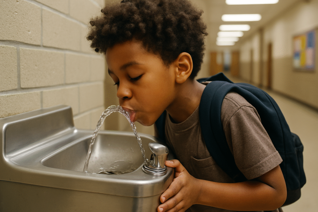 A child drinking from a public school water fountain in the United States.