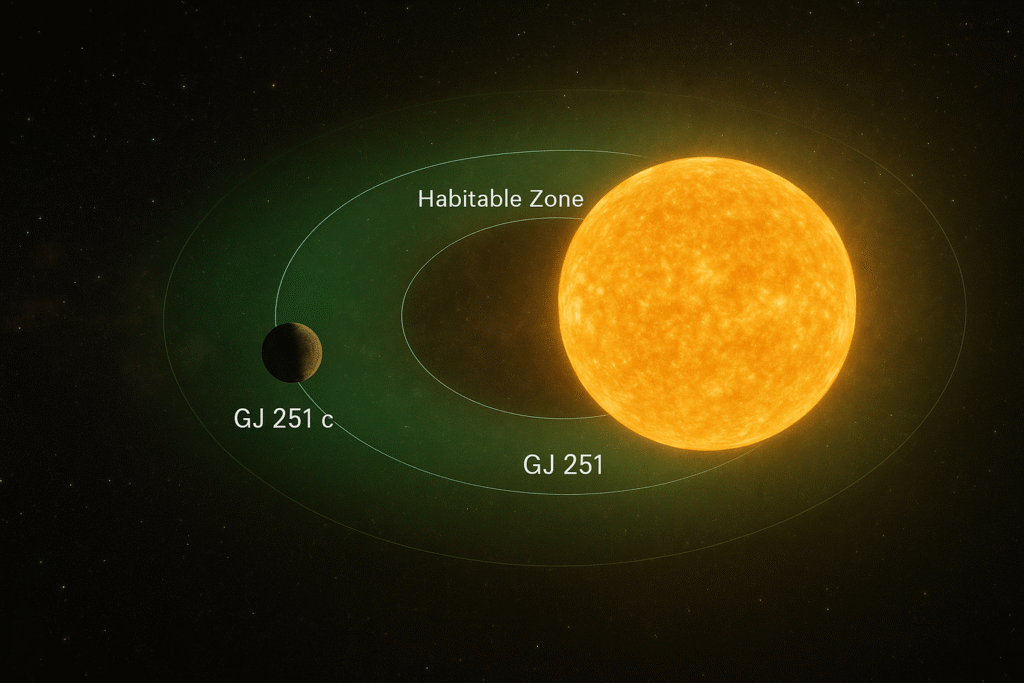 Diagram showing the relative positions of GJ 251 c and its host star, highlighting the star’s habitable zone.