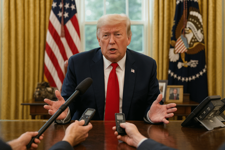 President Donald Trump speaking to reporters in the Oval Office about the Ukraine peace proposal.
