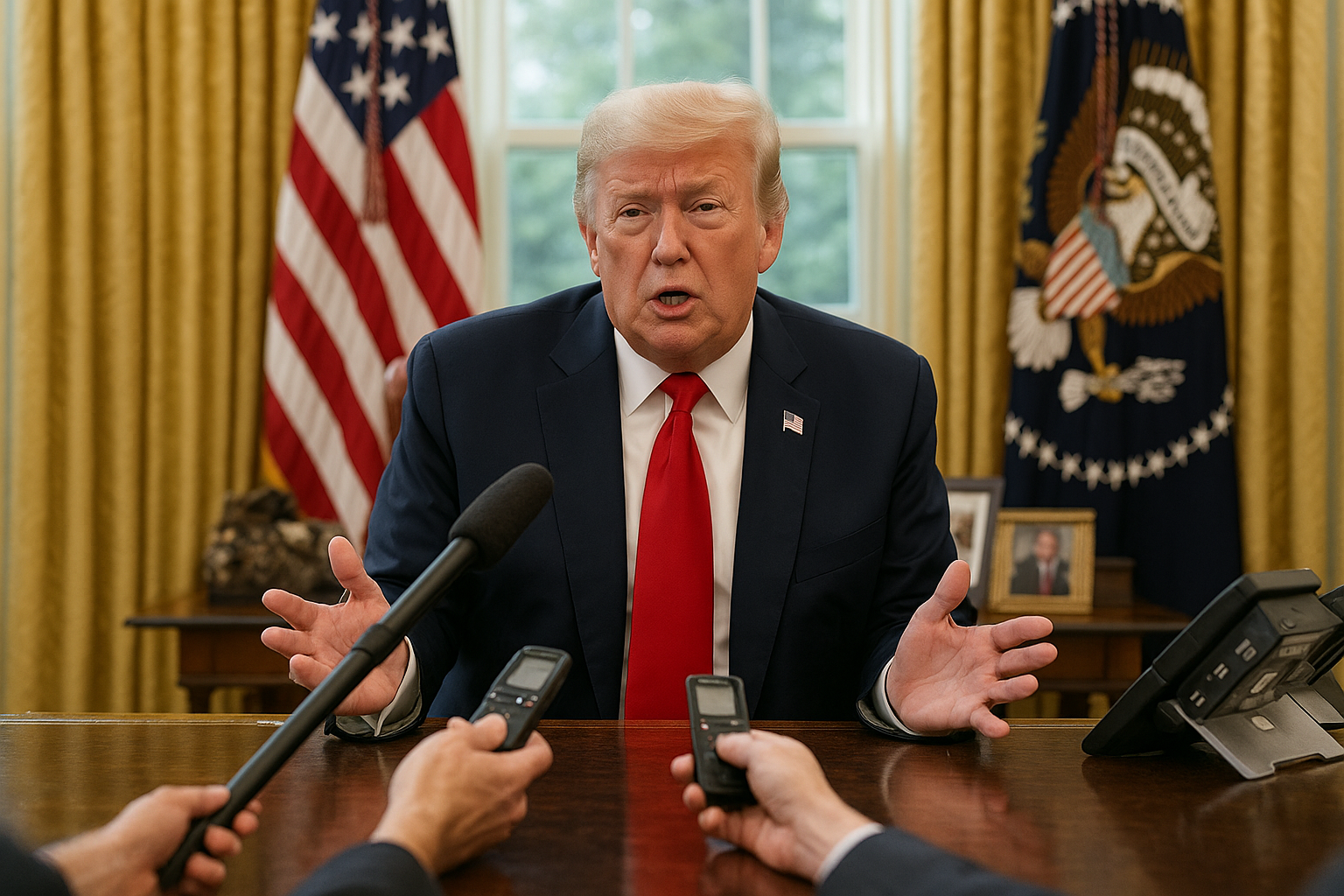 President Donald Trump speaking to reporters in the Oval Office about the Ukraine peace proposal.