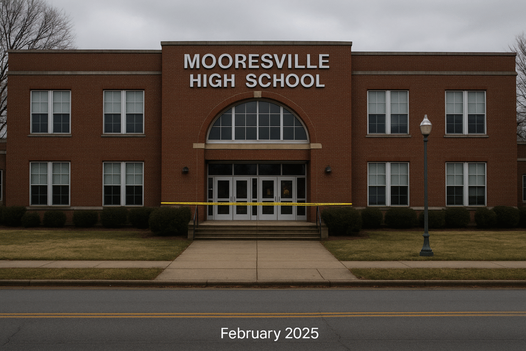 Mooresville High School exterior photographed in February 2025 after the student’s arrest.