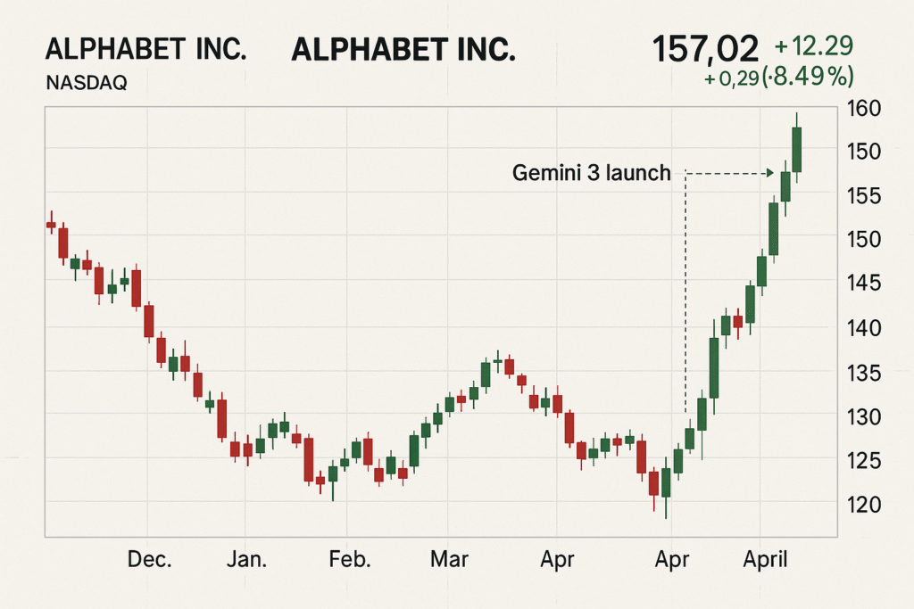 Alphabet stock chart showing sharp rise after Gemini 3 launch.