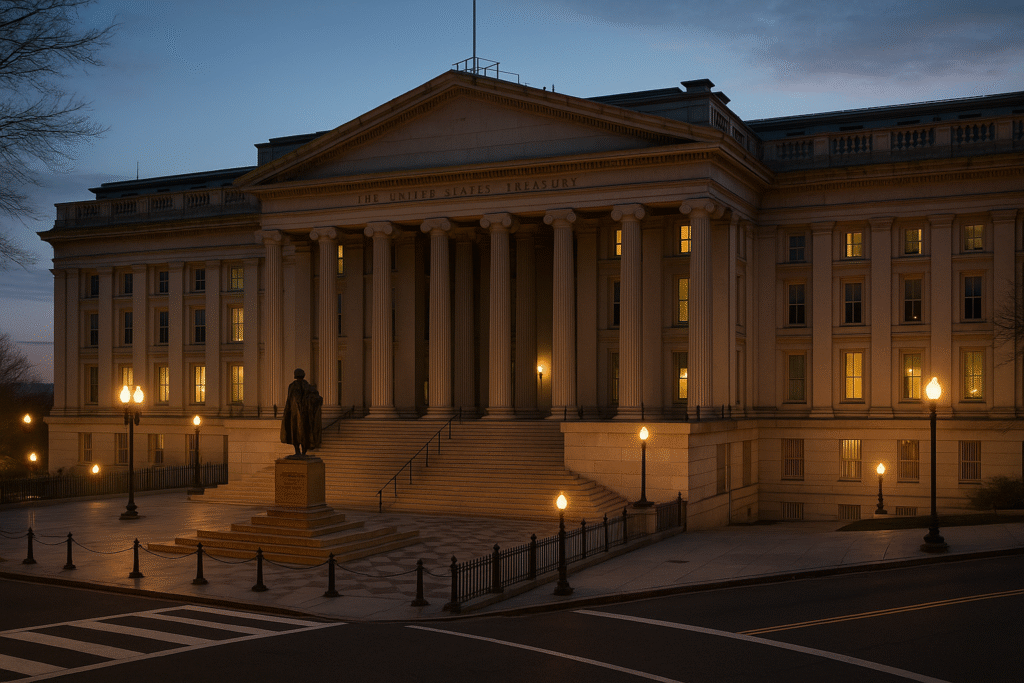U.S. Treasury building in Washington, D.C. during early morning hours.
