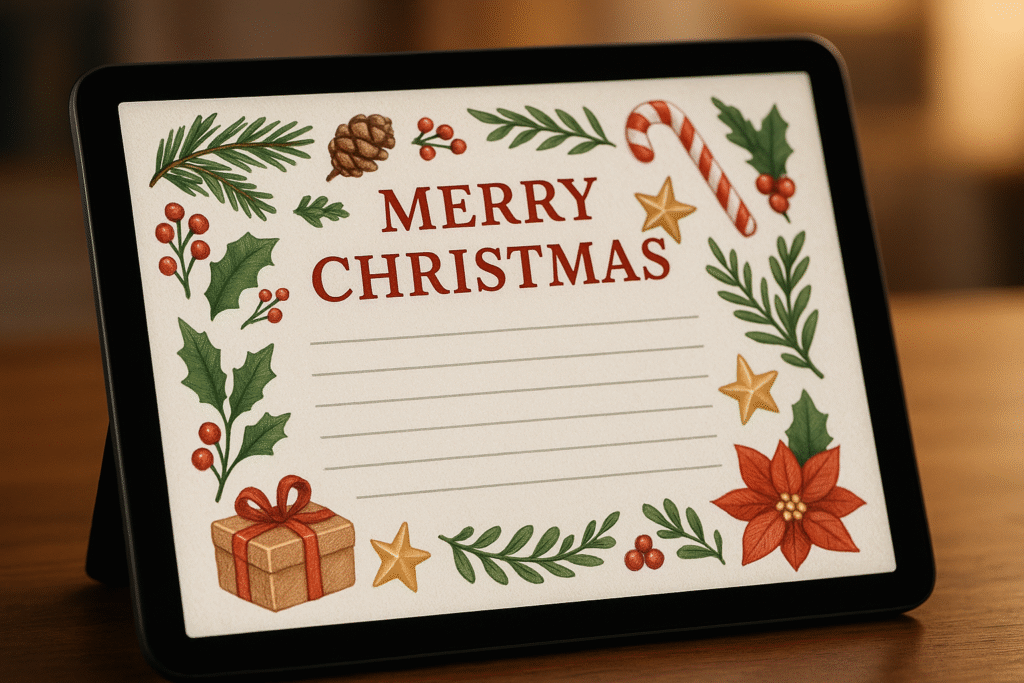 AI-generated Christmas letter layout with festive illustrations on a digital screen.