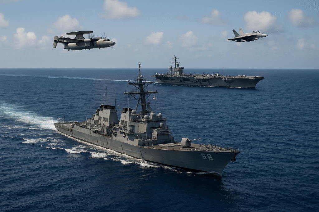 U.S. naval and air assets operating in the Caribbean during expanded 2025 anti-narcotics missions.