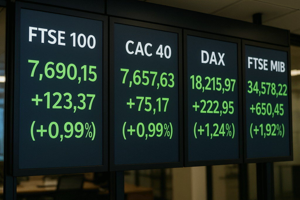 European stock boards showing gains across major markets.
