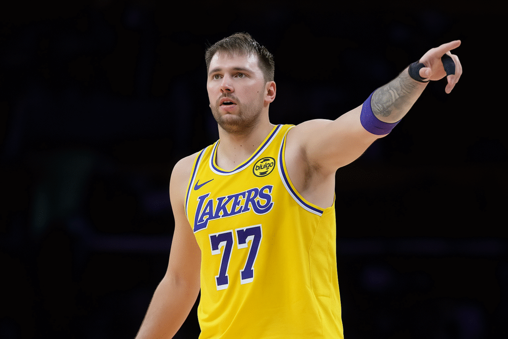 Luka Doncic drives to the basket during the Lakers-Clippers matchup in Los Angeles.