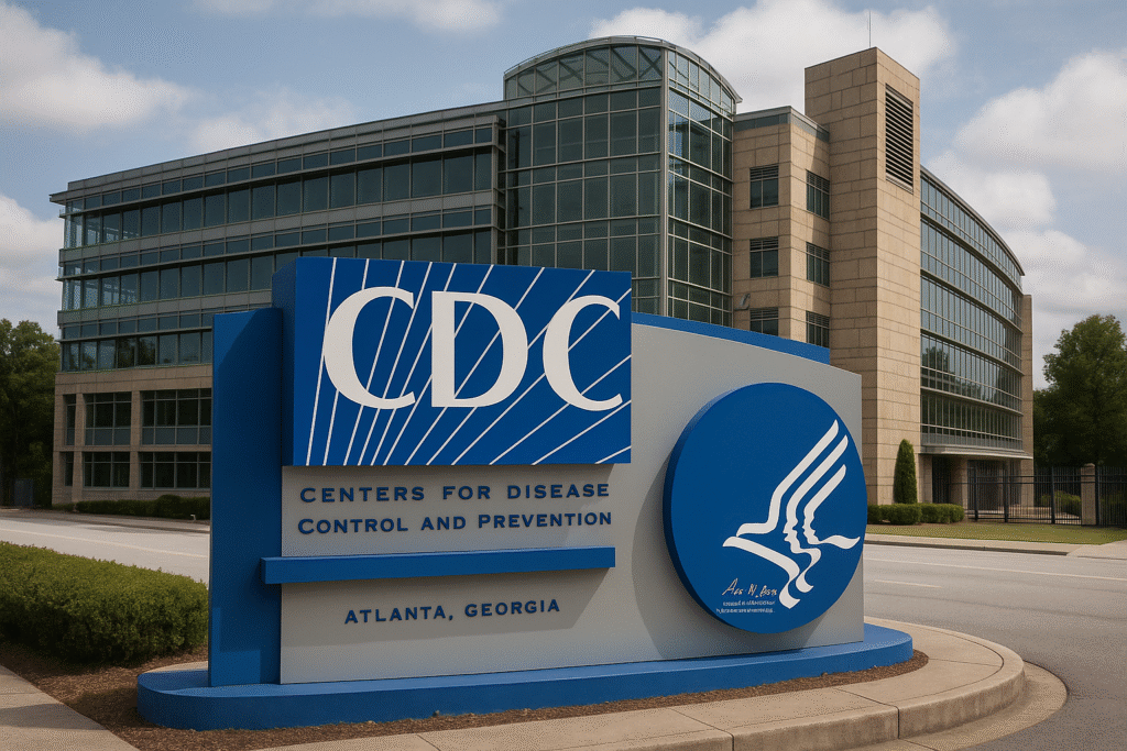 CDC headquarters building in Atlanta with agency logo visible.