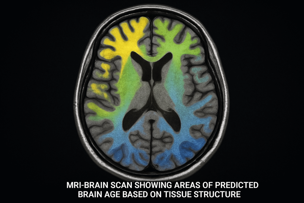 MRI brain scan showing areas of predicted brain age based on tissue structure.