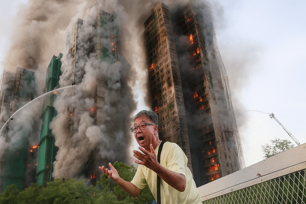 A distressed man gestures while high-rise buildings burn behind him in Hong Kong’s Tai Po district.