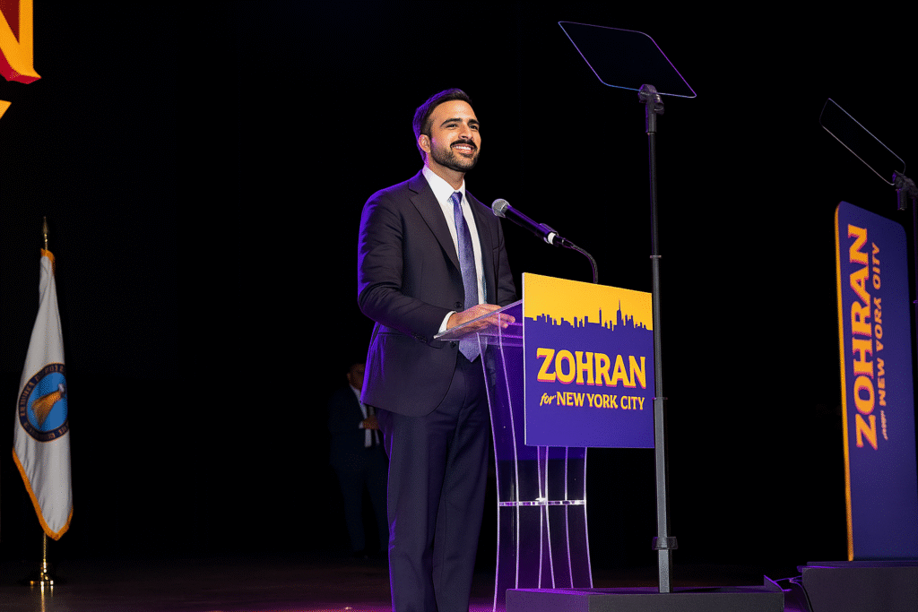 Mayor-elect Zohran Mamdani speaks to supporters during a campaign stop in New York City ahead of the 2025 mayoral election.