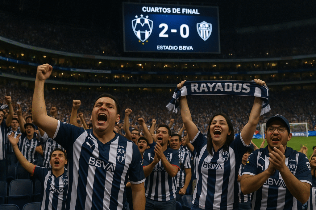 Fans at Estadio BBVA celebrating Monterrey’s 2–0 quarterfinal victory.