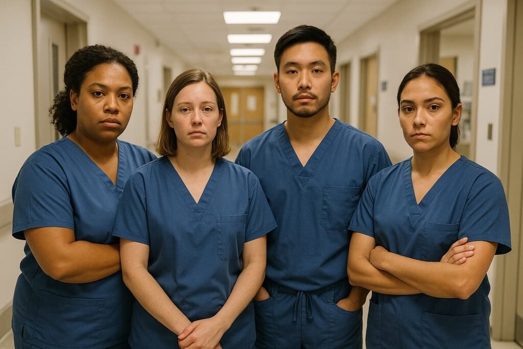 Nurses standing in a hospital hallway, symbolizing the workforce affected by new loan caps.
