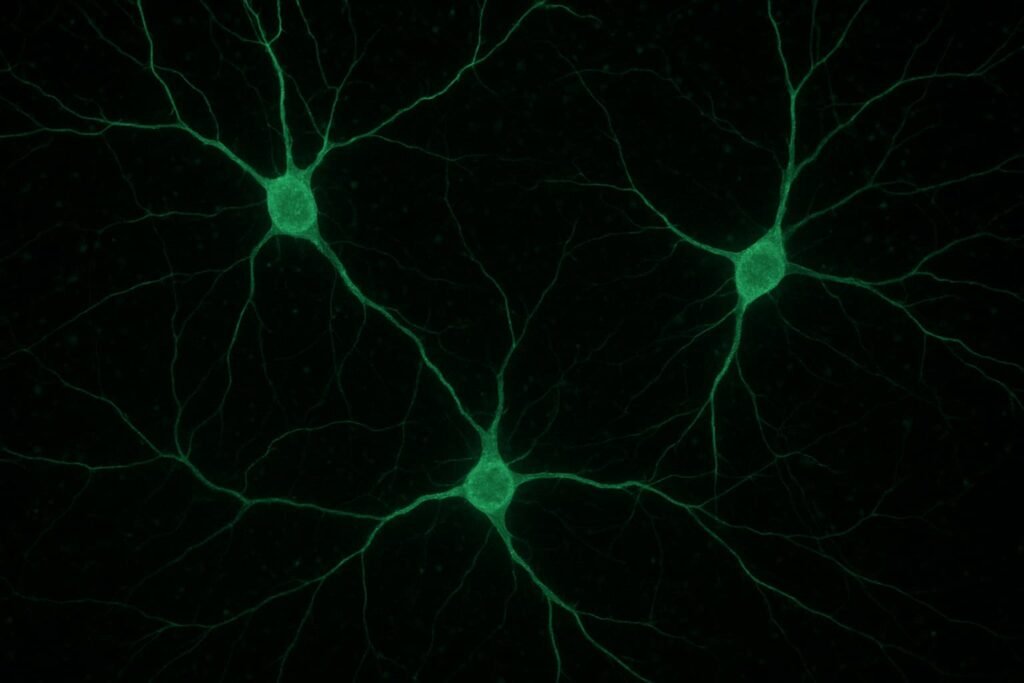Microscopy image showing hippocampal neurons where ATP signaling is disrupted in mouse models of depression.