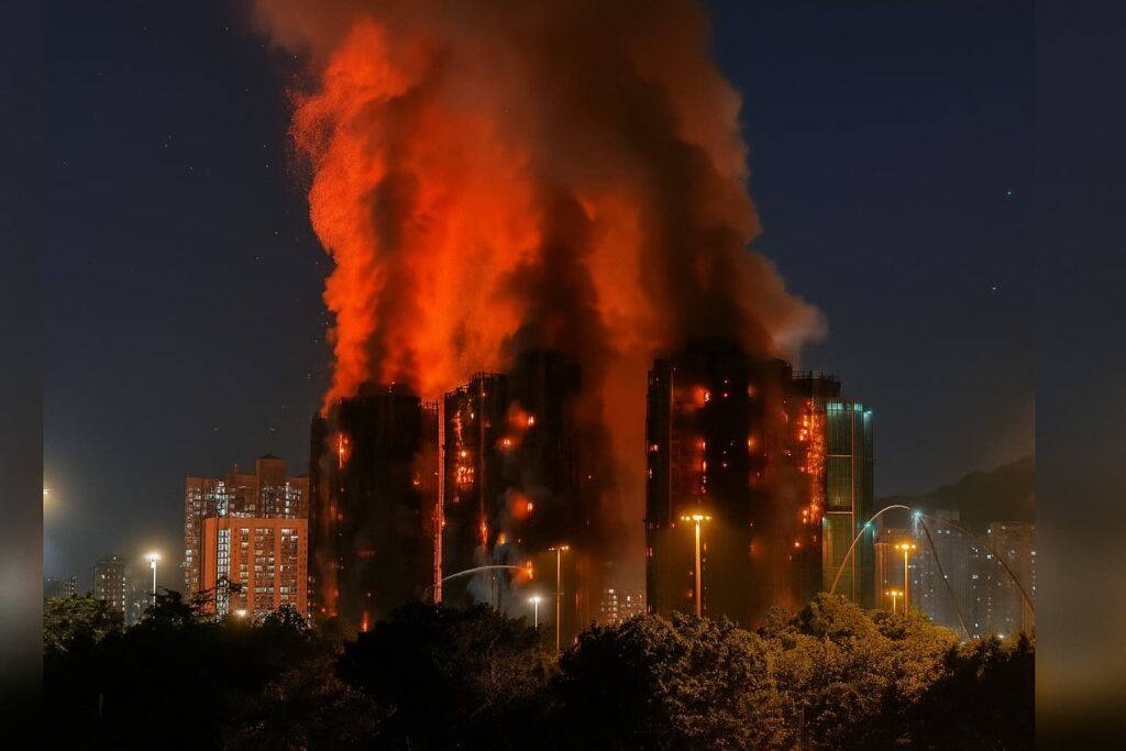 hick smoke and flames engulf multiple high-rise buildings at Hong Kong’s Wang Fuk Court public housing estate during the deadly November 2025 fire.