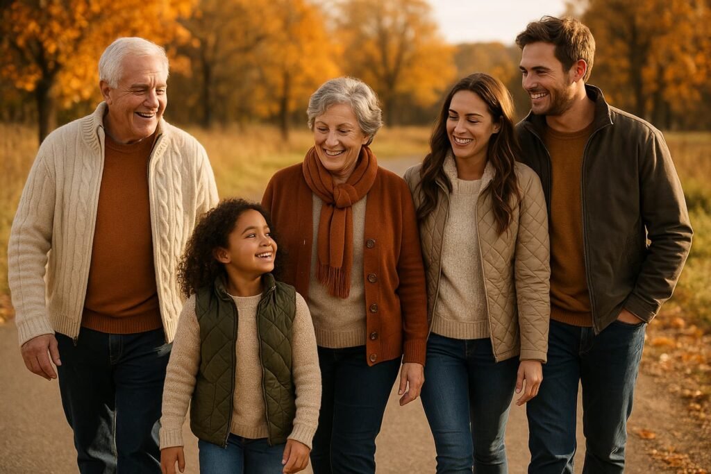 Family walking outdoors after a Thanksgiving meal for physical activity.