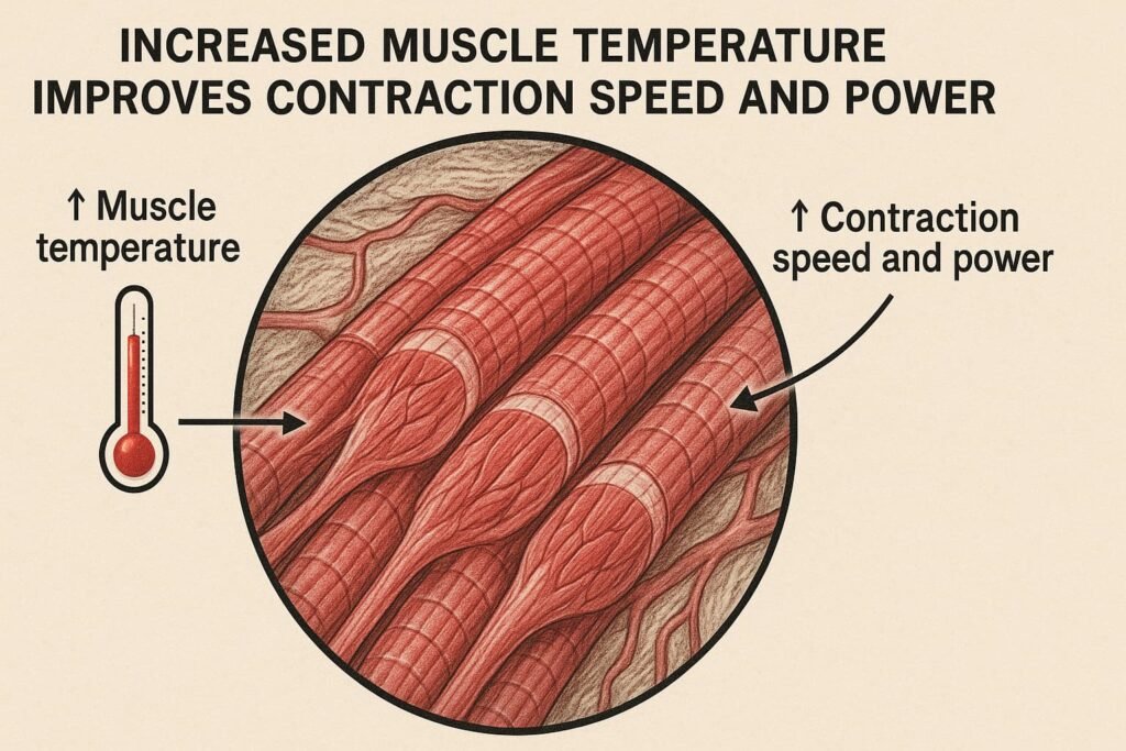 Microscope-style diagram showing how increased muscle temperature improves contraction speed and power.