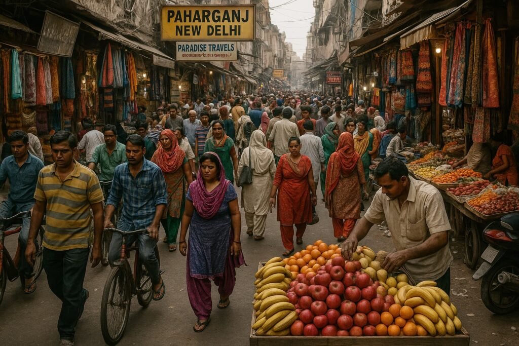 A busy marketplace in Paharganj, New Delhi, representing India’s domestic consumption