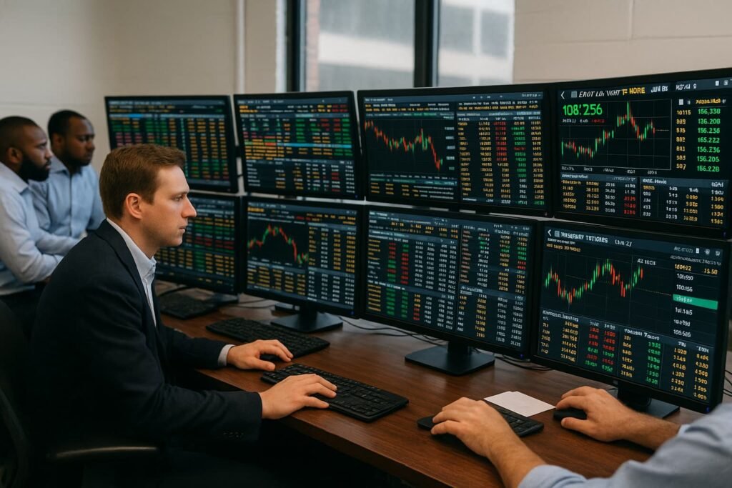 Traders at workstations monitoring Treasury futures.