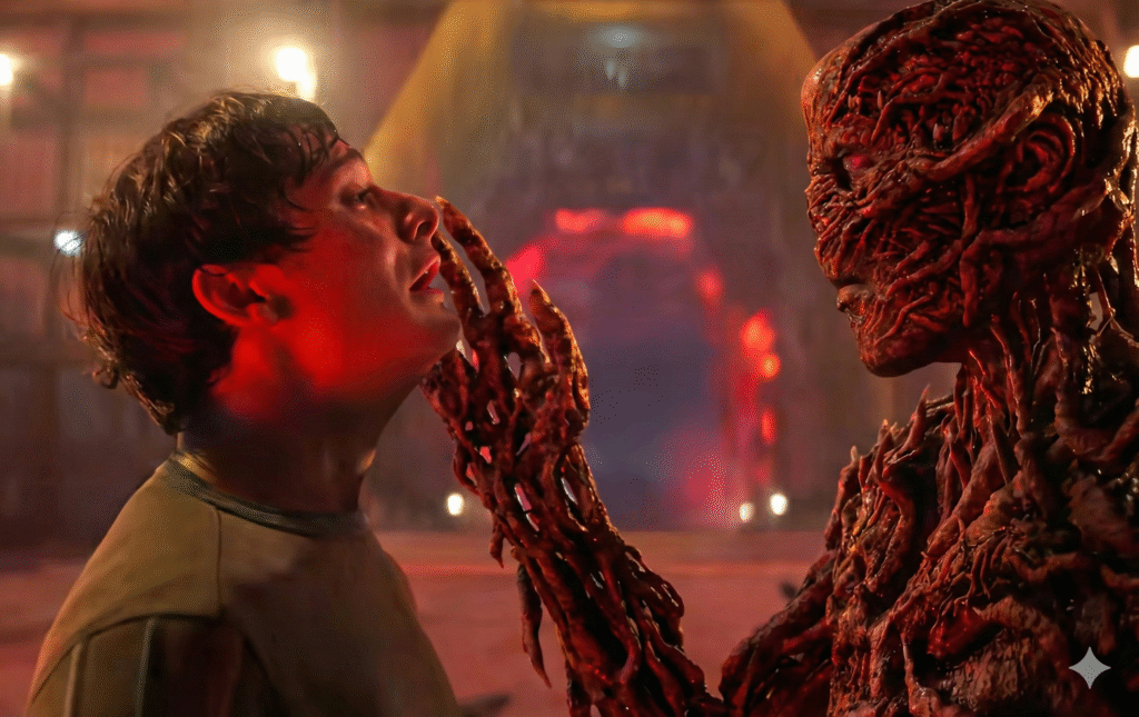 Vecna, a scarred humanoid monster, touches the distressed face of a young man in a dark, red-lit, ominous setting.